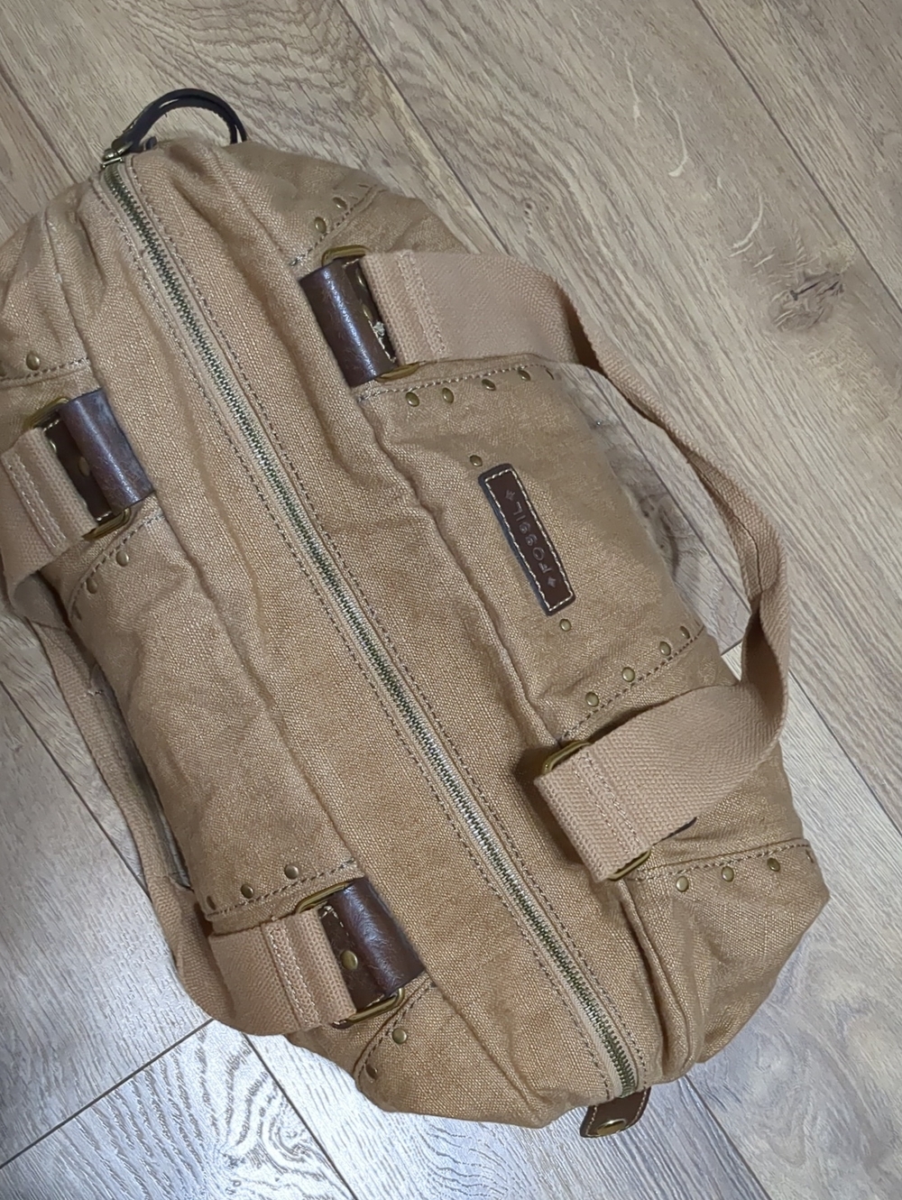 FOSSIL Tan Soft Canvas Brown Leather Gold Studded Tote Shoulder Bag - Picture 8 of 11